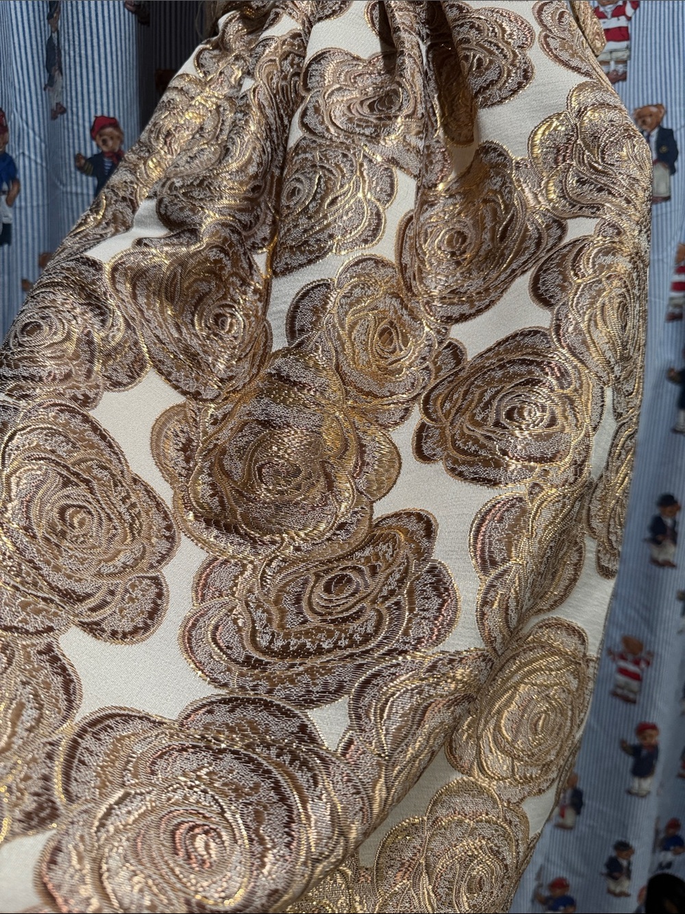 Women's Cream and Gold Floral Jacquard Belted Party Dress